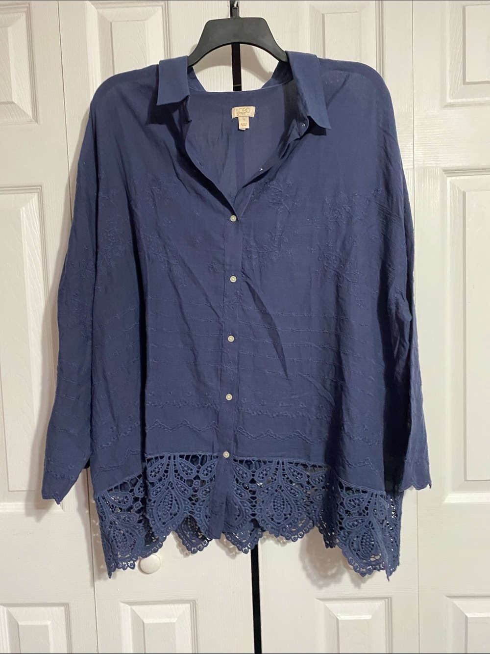 LOGO Lavish navy blue  cotton lace button down top blouse tunic shirt size 3X